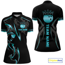 Load image into Gallery viewer, Black and Cyan Blue crown Bowling ball Polo, Quarter Zip Shirts for Women Custom Bowling Team jerseys NQS10075