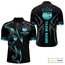 Load image into Gallery viewer, Black and Cyan Blue crown Bowling ball Polo, Quarter Zip Shirts for Men Custom Bowling Team jerseys NQS10075