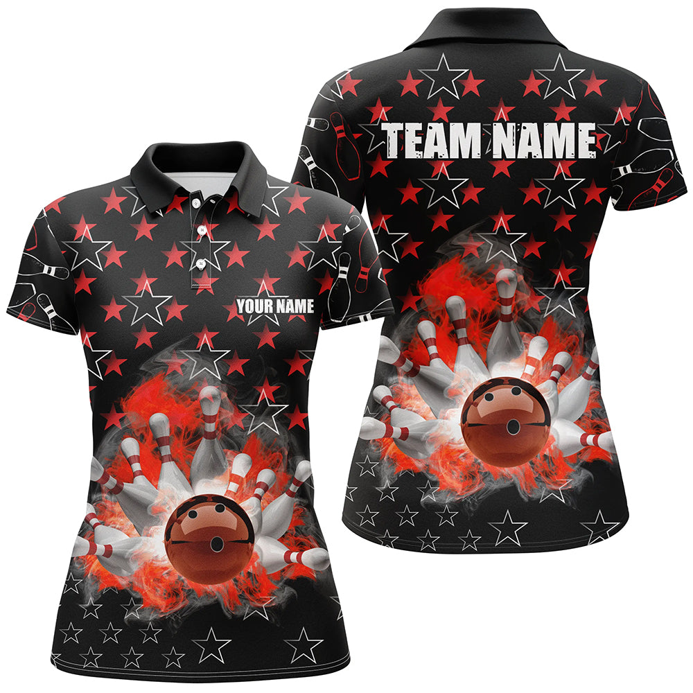 Black and Red Bowling stars pattern custom Women Bowling Polo, Quarter Zip Shirt, team bowling jerseys NQS8193