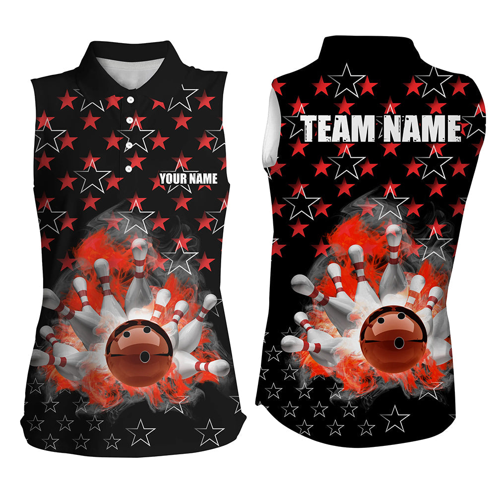 Black and Red Bowling stars pattern custom Women sleeveless Polo Shirt, team bowling jerseys NQS8193