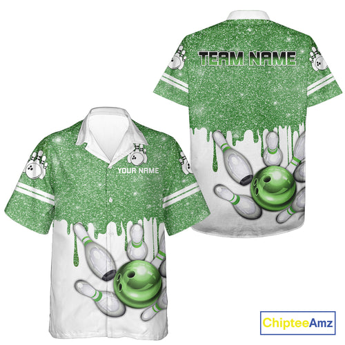 Green glitter Bowling Hawaiian Shirt Custom team bowling jerseys, Personalized bowling uniform NQS10814