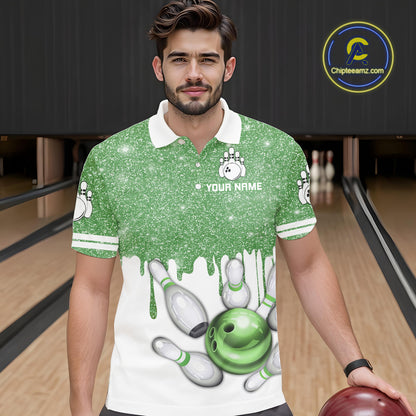 Green glitter Bowling Shirts For Men Custom team bowling jerseys, Personalized bowling uniform NQS10814