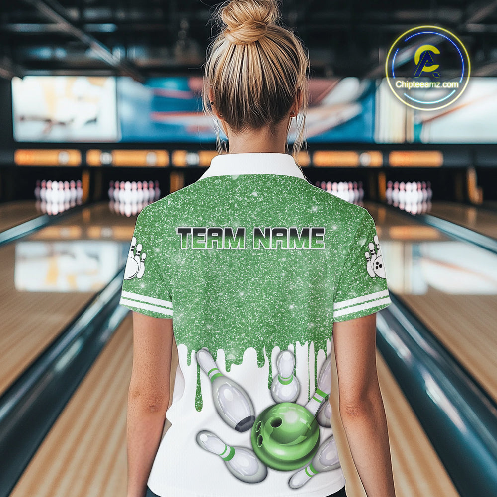 Green glitter Bowling Shirts For Women Custom team bowling jerseys, Personalized bowling uniform NQS10814