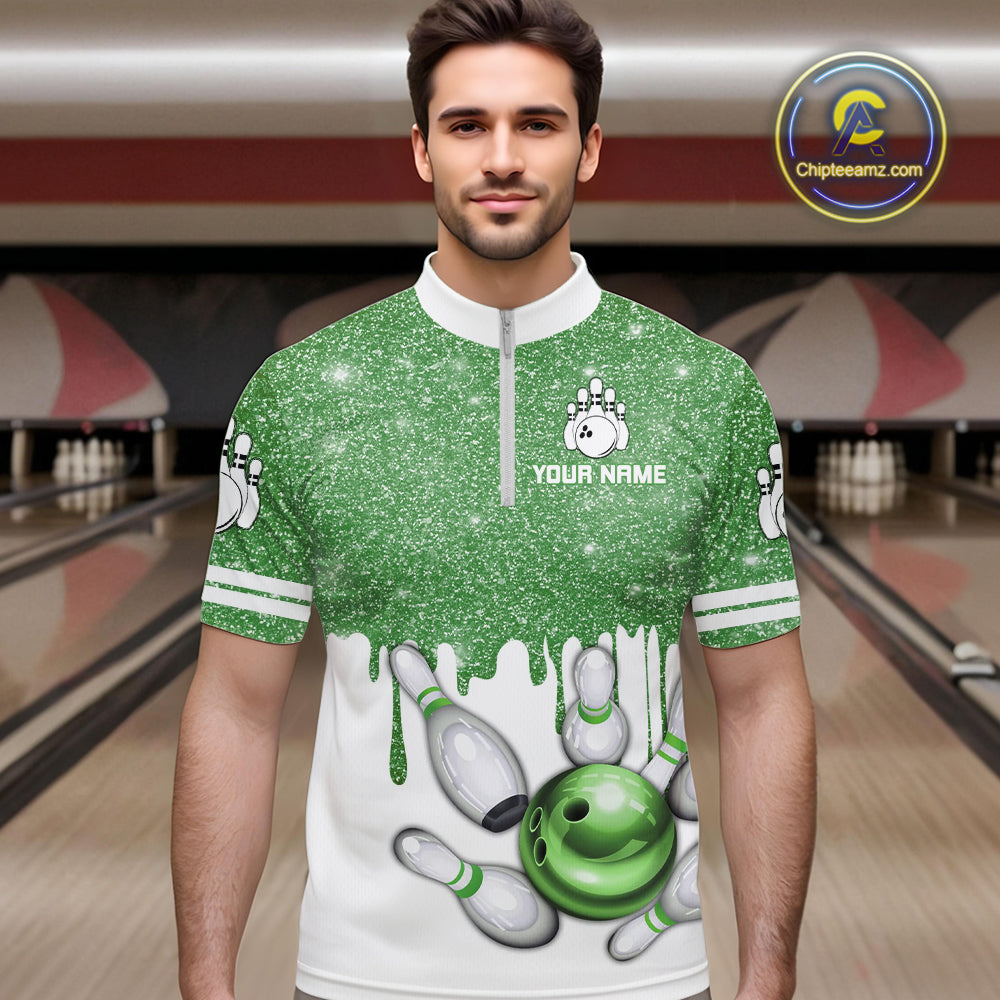 Green glitter Bowling Shirts For Men Custom team bowling jerseys, Personalized bowling uniform NQS10814
