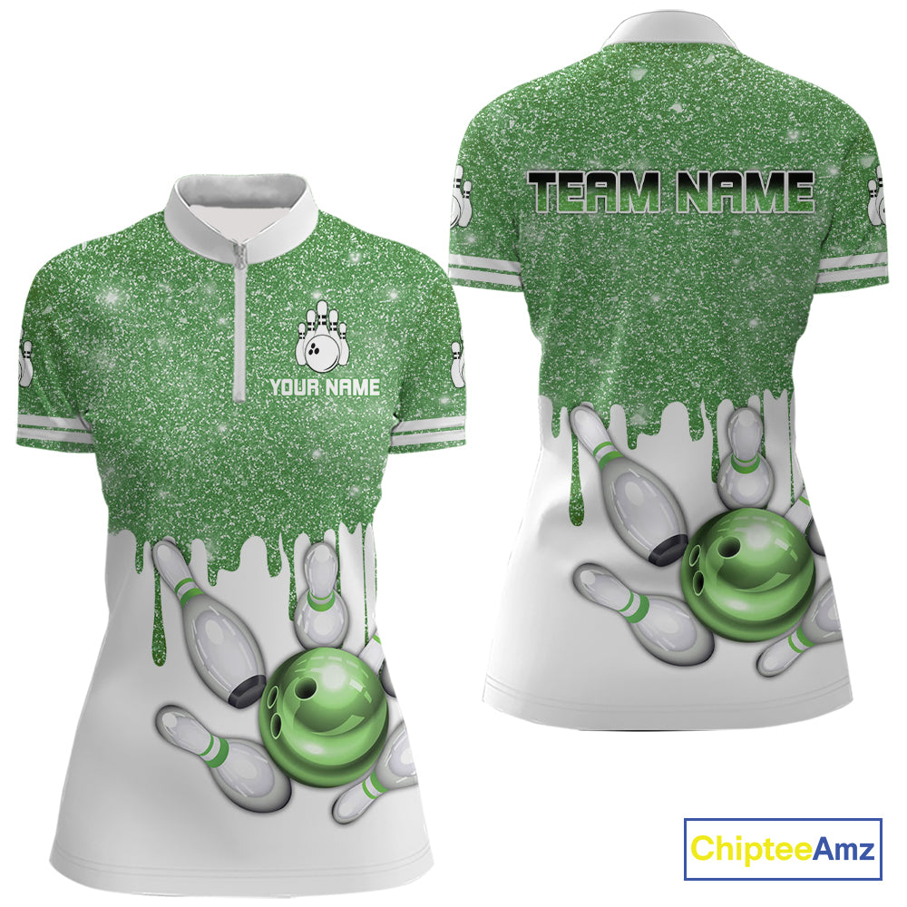 Green glitter Bowling Shirts For Women Custom team bowling jerseys, Personalized bowling uniform NQS10814