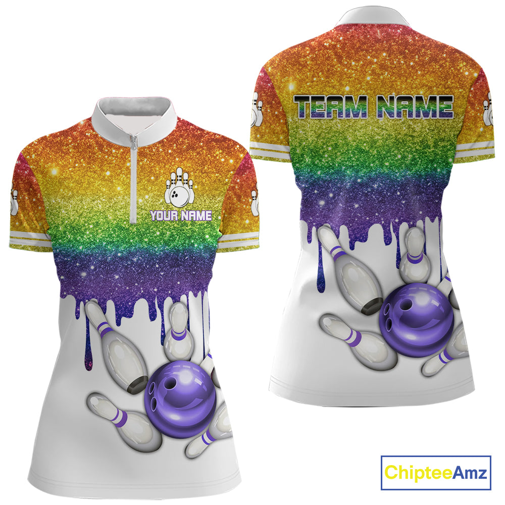 Rainbow glitter Bowling Shirts For Women Custom team bowling jerseys, Personalized bowling uniform NQS10815