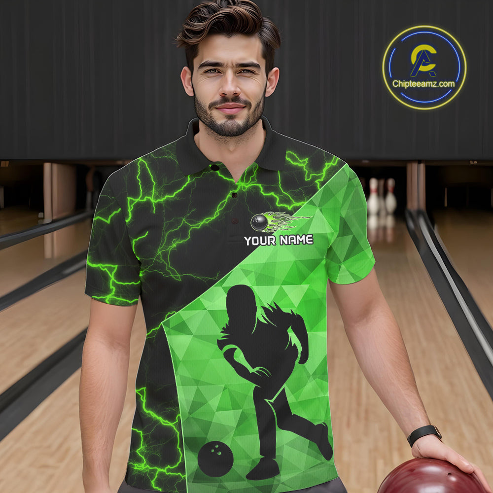 Green Thunder Lightning Bowling Polo, Quarter Zip Shirts For Men Custom Team Bowling Outfit NQS10821