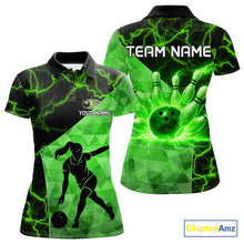 Load image into Gallery viewer, Green Thunder Lightning Bowling Polo, Quarter Zip Shirts For Women Custom Team Bowling Outfit NQS10821