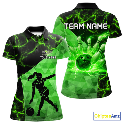 Green Thunder Lightning Bowling Polo, Quarter Zip Shirts For Women Custom Team Bowling Outfit NQS10821