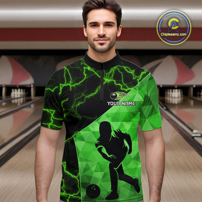Green Thunder Lightning Bowling Polo, Quarter Zip Shirts For Men Custom Team Bowling Outfit NQS10821