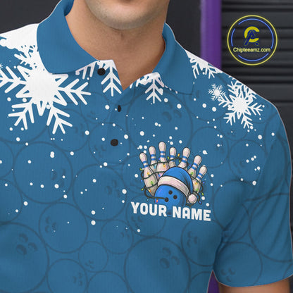 Blue Christmas Bowling snowflake Men's Bowling Polo, Quarter Zip shirts Custom Xmas Bowling Outfits NQS10995