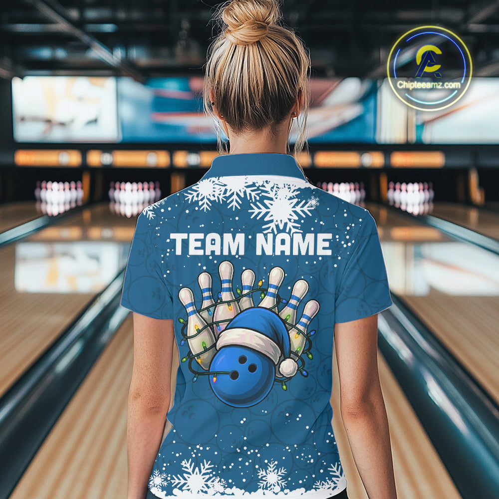 Blue Christmas Bowling snowflake Women's Bowling Polo, Quarter Zip shirts Custom Xmas Bowling Outfits NQS10995
