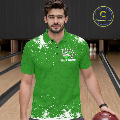 Green Christmas Bowling snowflake Men's Bowling Polo, Quarter Zip shirts Custom Xmas Bowling Outfits NQS10996