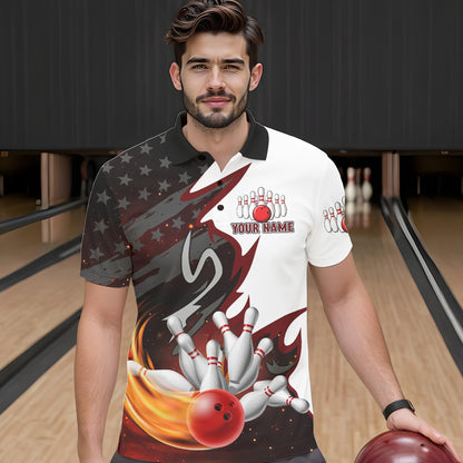 Black and White American flag Bowling jersey Custom Patriotic Bowling Polo, 1/4 Zip Shirts For Men NQS10999