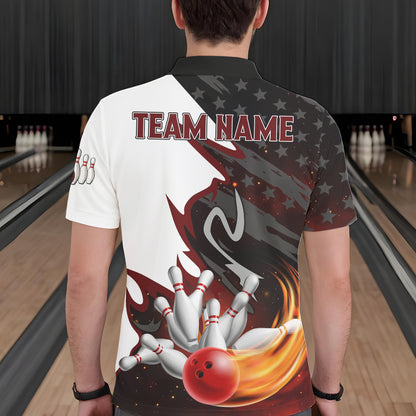 Black and White American flag Bowling jersey Custom Patriotic Bowling Polo, 1/4 Zip Shirts For Men NQS10999
