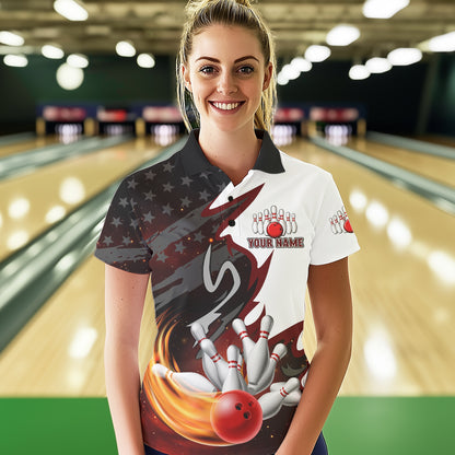 Black and White American flag Bowling jersey Custom Patriotic Bowling Polo, 1/4 Zip Shirts For Women NQS10999