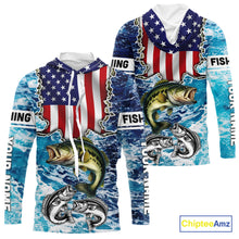 Load image into Gallery viewer, American Flag Largemouth Bass Fishing blue sea camo custom long sleeves performance fishing shirts NQS11190