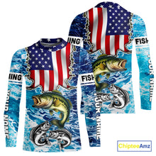 Load image into Gallery viewer, American Flag Largemouth Bass Fishing blue sea camo custom long sleeves performance fishing shirts NQS11190