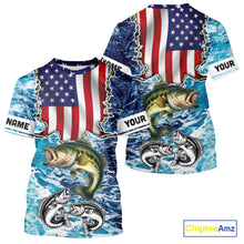 Load image into Gallery viewer, American Flag Largemouth Bass Fishing blue sea camo custom long sleeves performance fishing shirts NQS11190