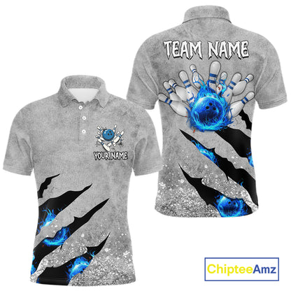 Blue flame bowling ball jerseys Gray grunge custom bowling shirts for men, bowling league shirts NQS11396