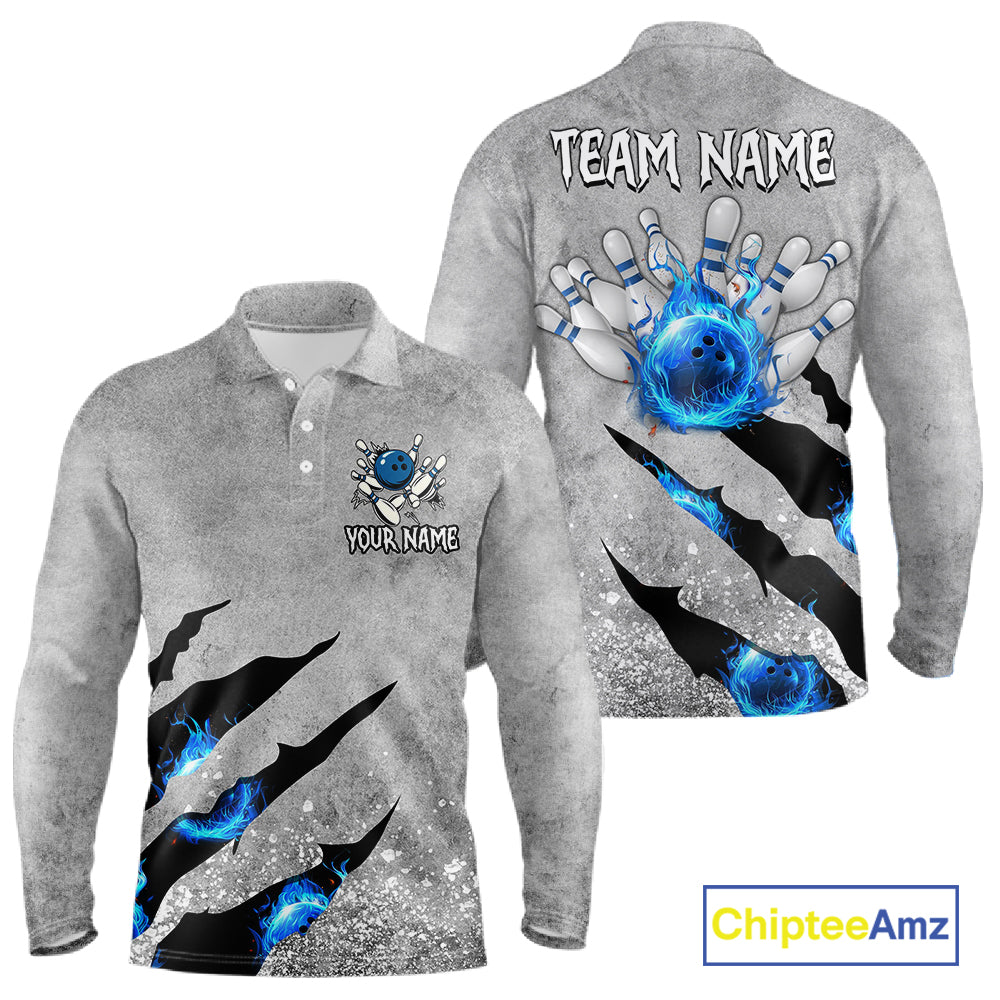 Blue flame bowling ball jerseys Gray grunge custom bowling shirts for men, bowling league shirts NQS11396
