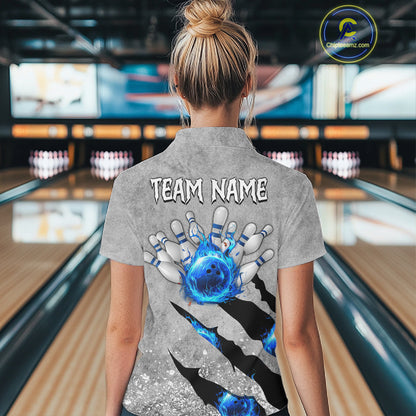 Blue flame bowling ball jerseys Gray grunge custom bowling shirts women, bowling league shirts NQS11396