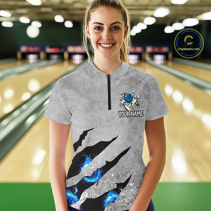 Blue flame bowling ball jerseys Gray grunge custom bowling shirts women, bowling league shirts NQS11396