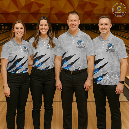 Blue flame bowling ball jerseys Gray grunge custom bowling shirts for men, bowling league shirts NQS11396