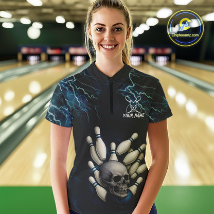Blue Thunder Lightning Skull Reaper Bowling Polo, 1/4 Zip Shirts For Women Custom team bowling jerseys NQS9849
