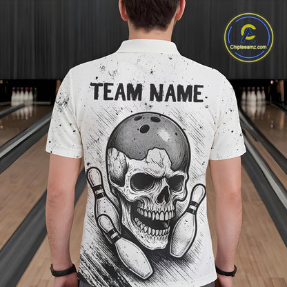 Black and White Grunge Skull Bowling Polo, 1/4 Zip Shirts For Men Custom Skull team bowling jerseys NQS9854