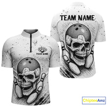 Load image into Gallery viewer, Black and White Grunge Skull Bowling Polo, 1/4 Zip Shirts For Men Custom Skull team bowling jerseys NQS9854