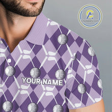 Load image into Gallery viewer, Mens golf polo shirts custom purple argyle plaid pattern golf attire for men, golfer gifts NQS10078