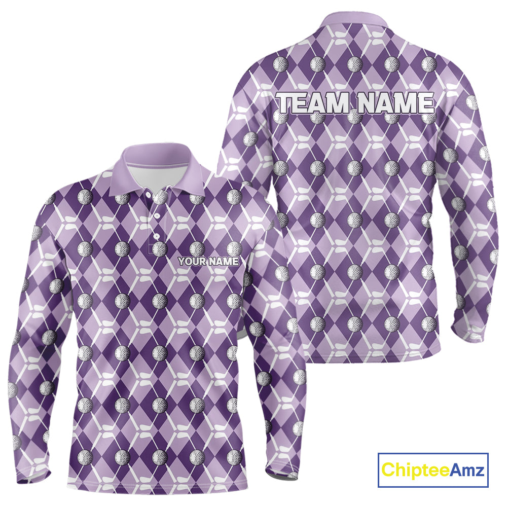 Mens golf polo shirts custom purple argyle plaid pattern golf attire for men, golfer gifts NQS10078