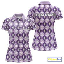 Load image into Gallery viewer, Women golf polo shirts custom purple argyle plaid pattern golf attire for ladies, golfer gifts NQS10078