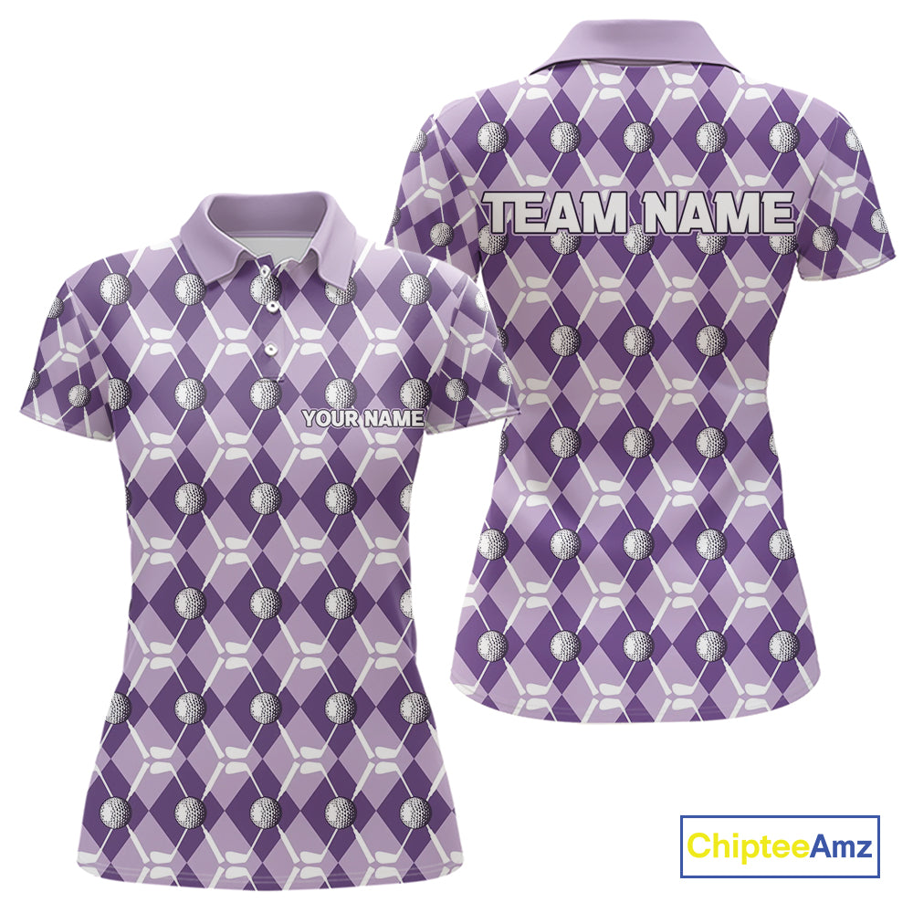 Women golf polo shirts custom purple argyle plaid pattern golf attire for ladies, golfer gifts NQS10078