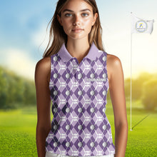Load image into Gallery viewer, Women sleeveless polo shirt custom purple argyle plaid pattern golf attire for ladies, golfer gifts NQS10078