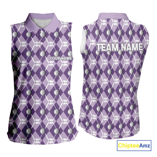 Women sleeveless polo shirt custom purple argyle plaid pattern golf attire for ladies, golfer gifts NQS10078