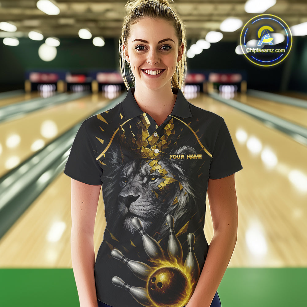 Custom Black and Gold Lion Bowling Polo, Quarter Zip shirts for Women, Lion Team Bowling Jerseys NQS10231