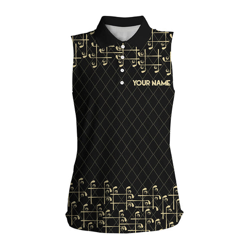 Black and Gold argyle pattern golf clubs Womens Sleeveless Polo Shirts Custom Golf attire for women NQS9123