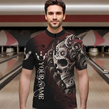 Load image into Gallery viewer, Red and Black Skull Scroll Men Bowling Polo, Quarter Zip Shirts Custom Skull Team bowling Jersey NQS9331