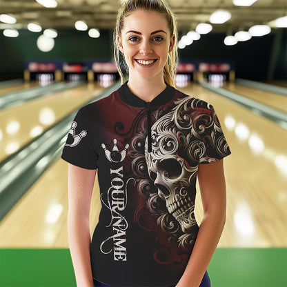 Red and Black Skull Scroll Women Bowling Polo, Quarter Zip Shirts Custom Skull Team bowling Jersey NQS9331