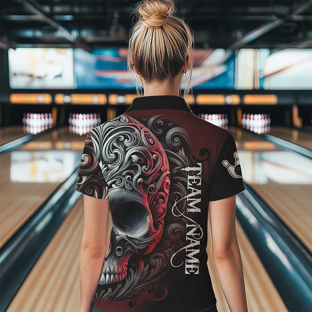 Red and Black Skull Scroll Women Bowling Polo, Quarter Zip Shirts Custom Skull Team bowling Jersey NQS9331