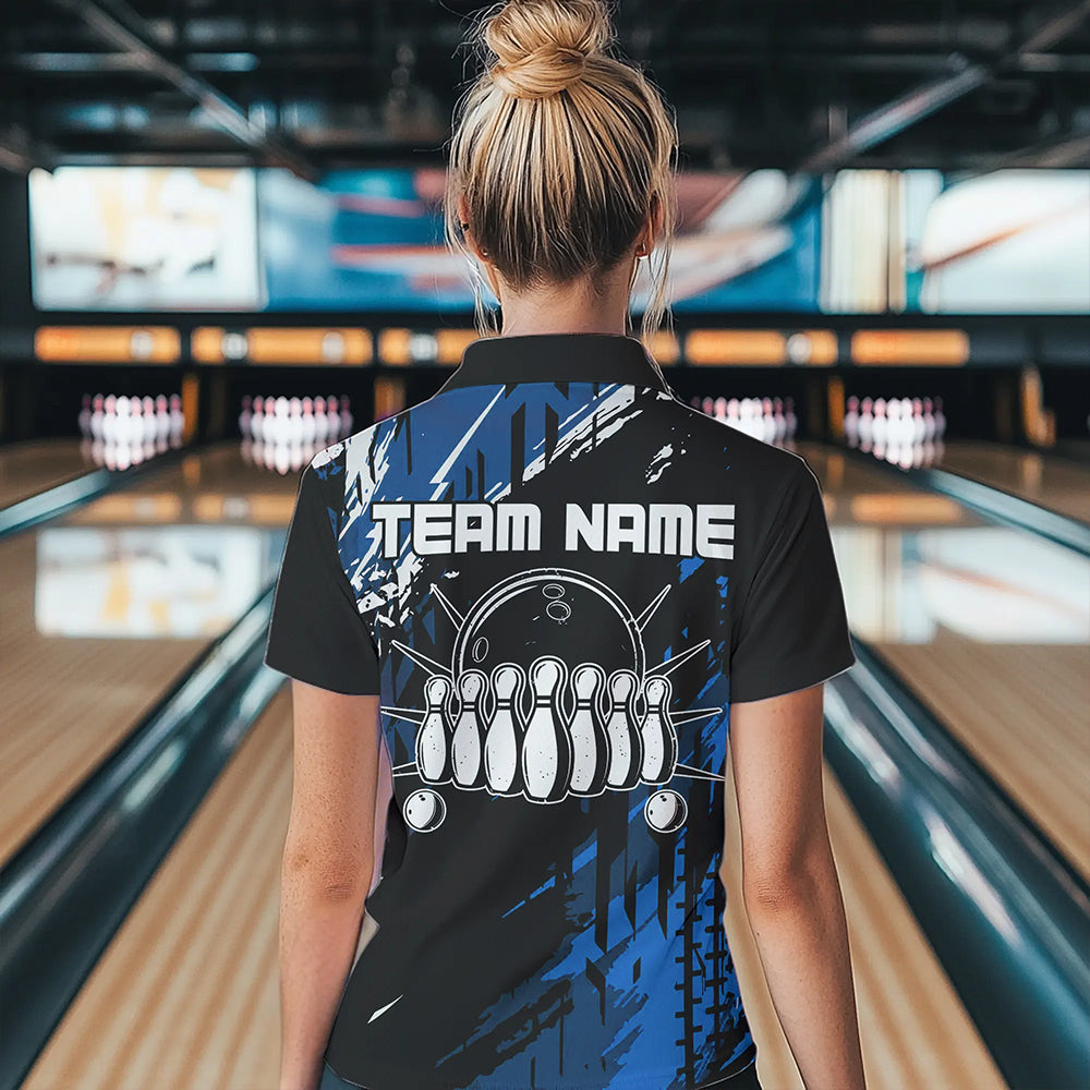 Black and Blue Womens bowling shirts Custom retro bowling ball and pins bowling team league jerseys NQS9474