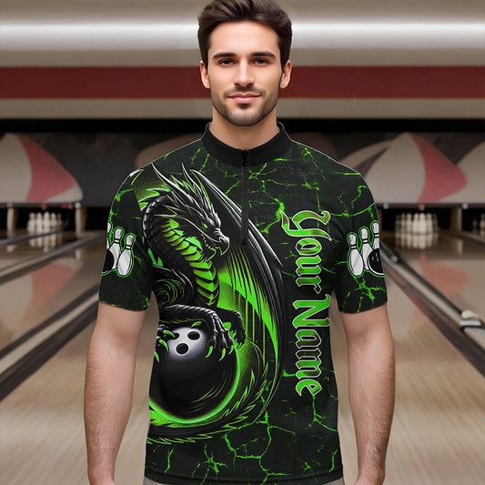 Black And Green Custom Dragon Bowling Shirts For Men, Dragon Bowling Team Shirts NQS9477