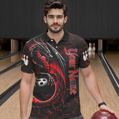Black And Red Custom Dragon Bowling Shirts For Men, Dragon Bowling Team Shirts NQS9478