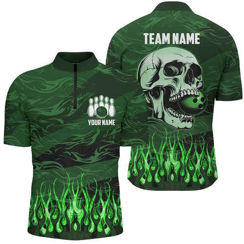 Men bowling Quarter Zip shirt Custom Green camo Flame Skull Bowling Team Jerseys, gift for Bowlers NQS7431