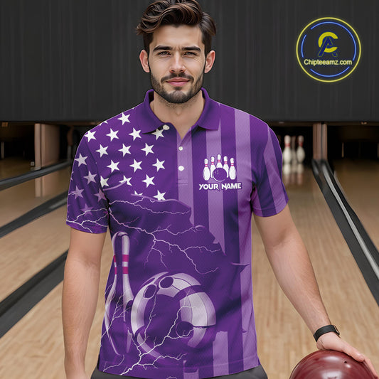 Personalized Purple American flag Lightning thunder Custom Bowling Team Shirts For Mens Bowling Jersey NQS9858