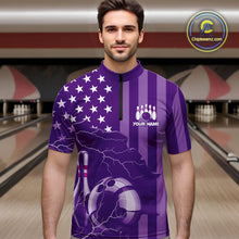 Load image into Gallery viewer, Personalized Purple American flag Lightning thunder Custom Bowling Team Shirts For Mens Bowling Jersey NQS9858