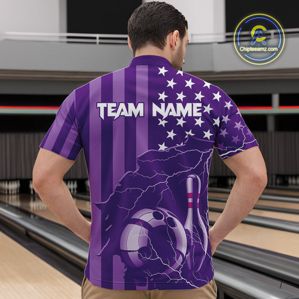 Personalized Purple American flag Lightning thunder Custom Bowling Team Shirts For Mens Bowling Jersey NQS9858