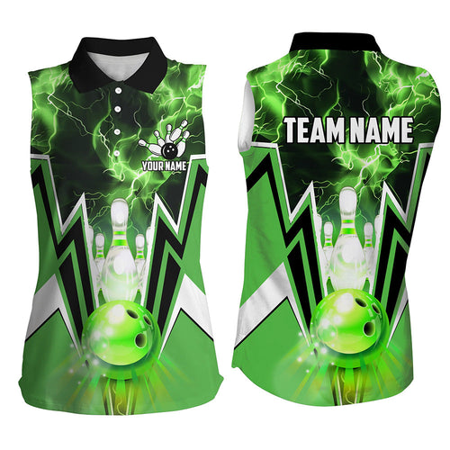 Green lightning thunder Bowling Sleeveless Polo Shirt for Women Custom Bowling Team Jerseys for bowler NQS7591